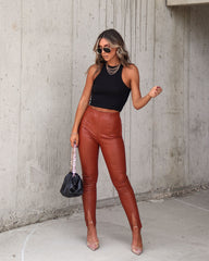 Tell Me About It Stud Faux Leather Split Hem Pants - Camel Oshnow