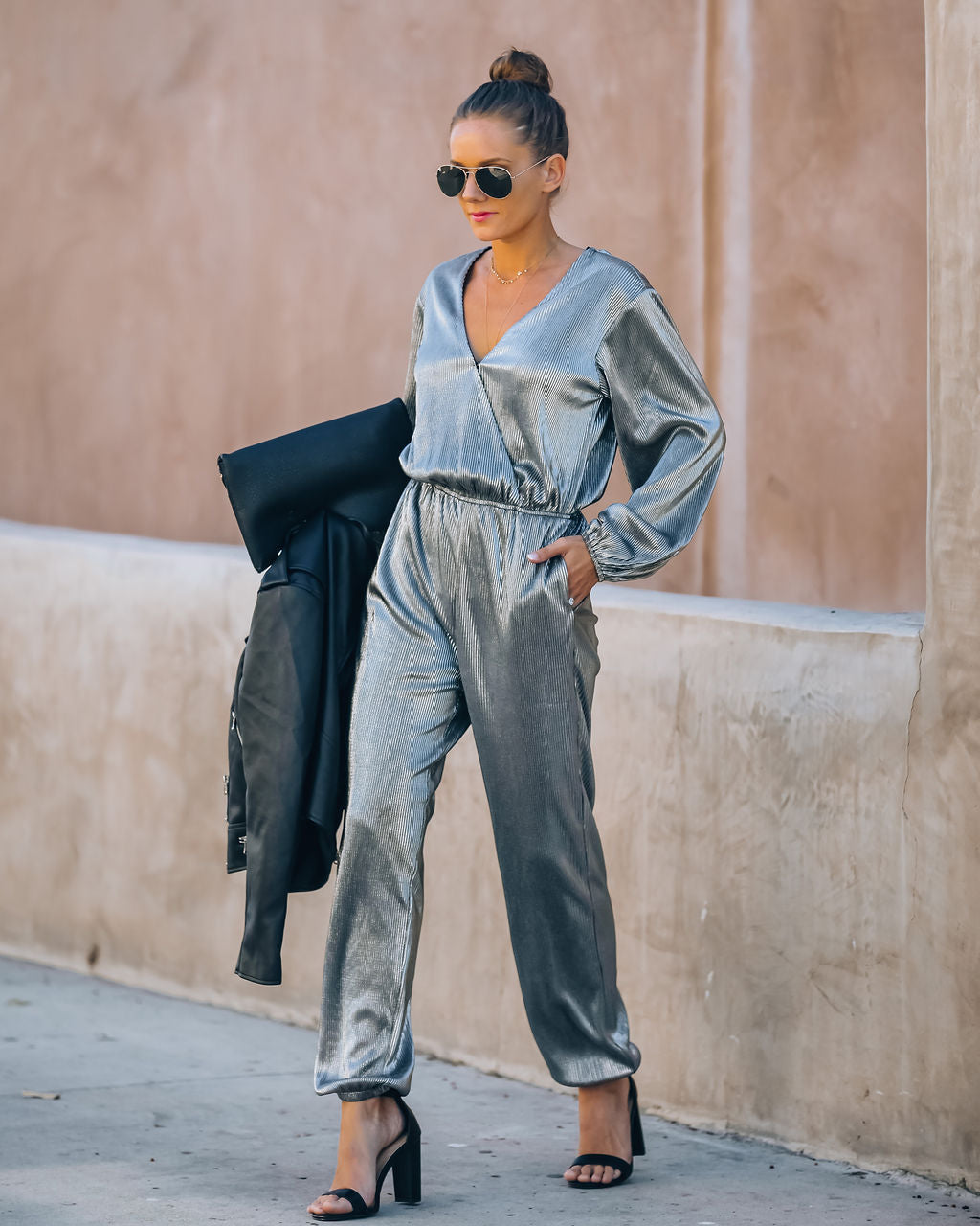 That's A Wrap Pocketed Plisse Jumpsuit - Silver Oshnow