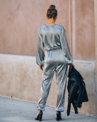 That's A Wrap Pocketed Plisse Jumpsuit - Silver Oshnow