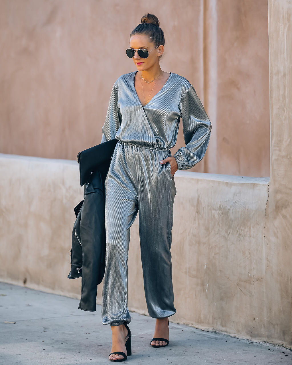 That's A Wrap Pocketed Plisse Jumpsuit - Silver Oshnow