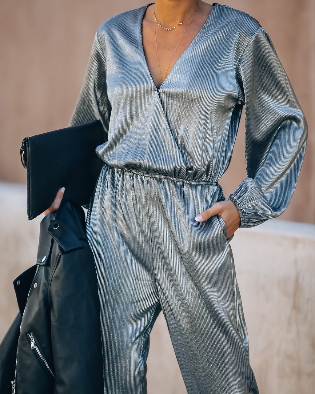 That's A Wrap Pocketed Plisse Jumpsuit - Silver Oshnow