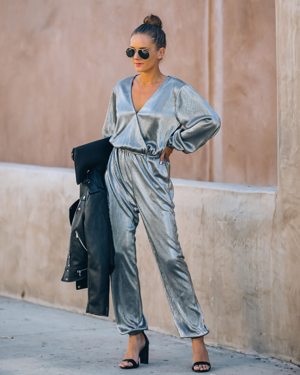 That's A Wrap Pocketed Plisse Jumpsuit - Silver Oshnow