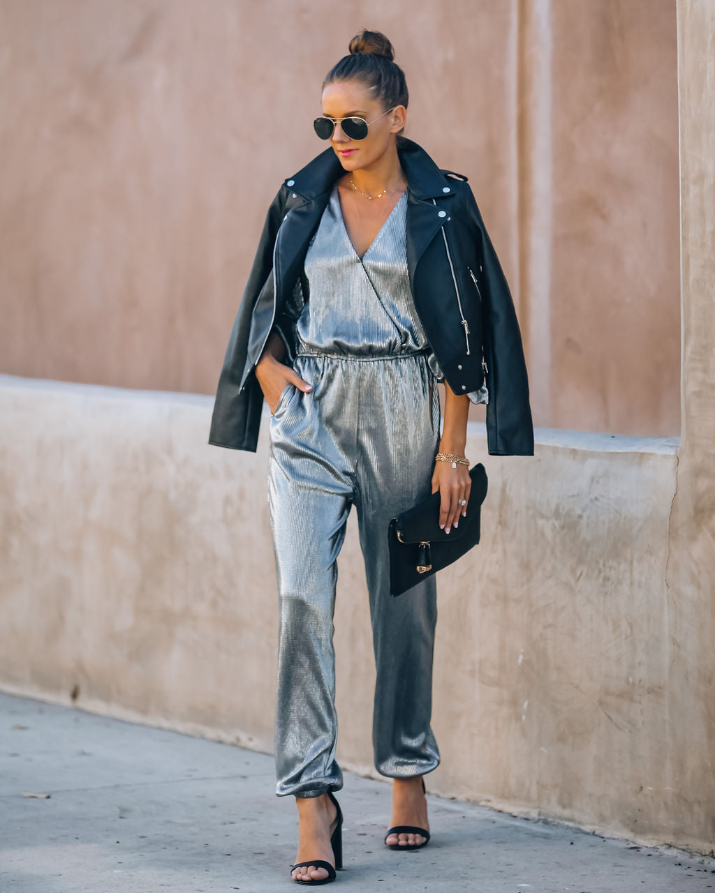 That's A Wrap Pocketed Plisse Jumpsuit - Silver Oshnow