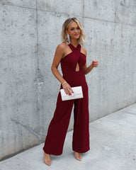 That's Amore Lace Trim Cutout Jumpsuit - Burgundy Oshnow