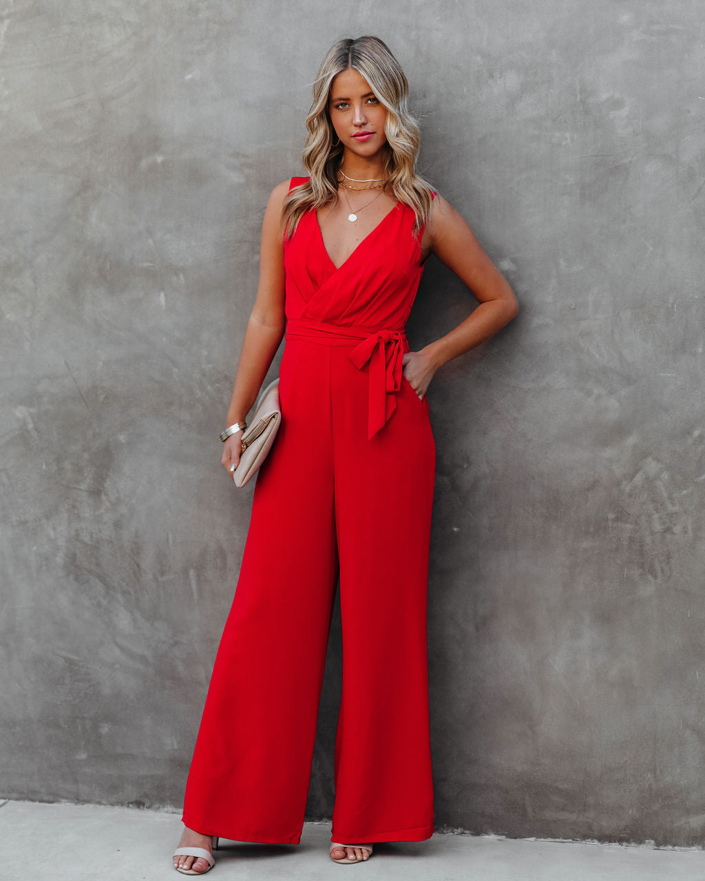 The Essential Pocketed Tie Jumpsuit - Red Oshnow