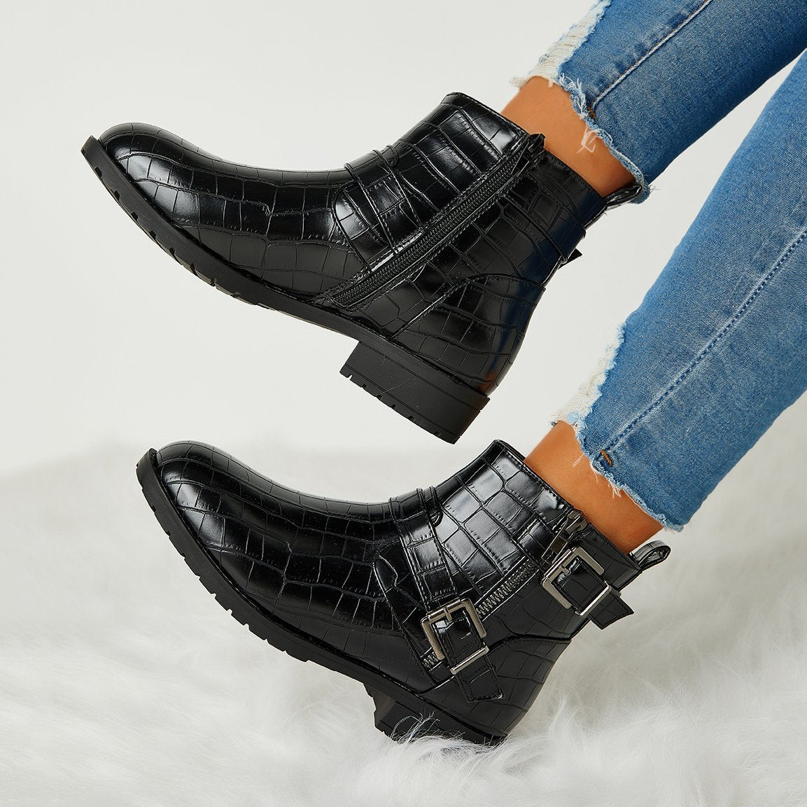 Trendy Bright Leather Zipper Buckle Ankle Boots Oshnow