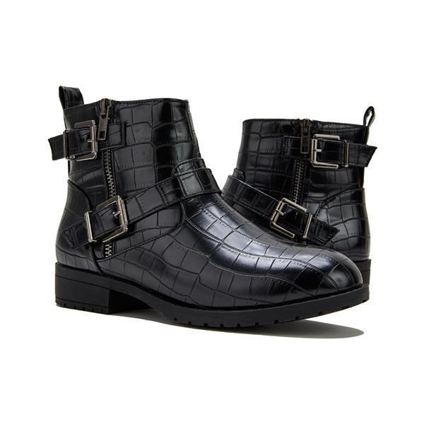 Trendy Bright Leather Zipper Buckle Ankle Boots Oshnow