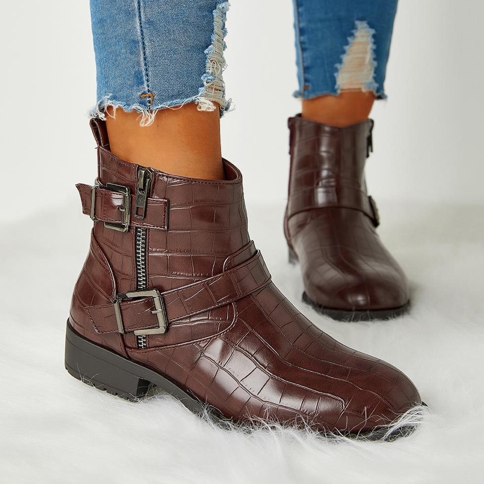 Trendy Bright Leather Zipper Buckle Ankle Boots Oshnow