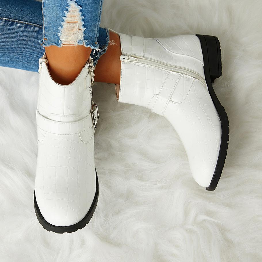 Trendy Bright Leather Zipper Buckle Ankle Boots Oshnow