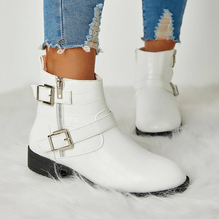 Trendy Bright Leather Zipper Buckle Ankle Boots Oshnow