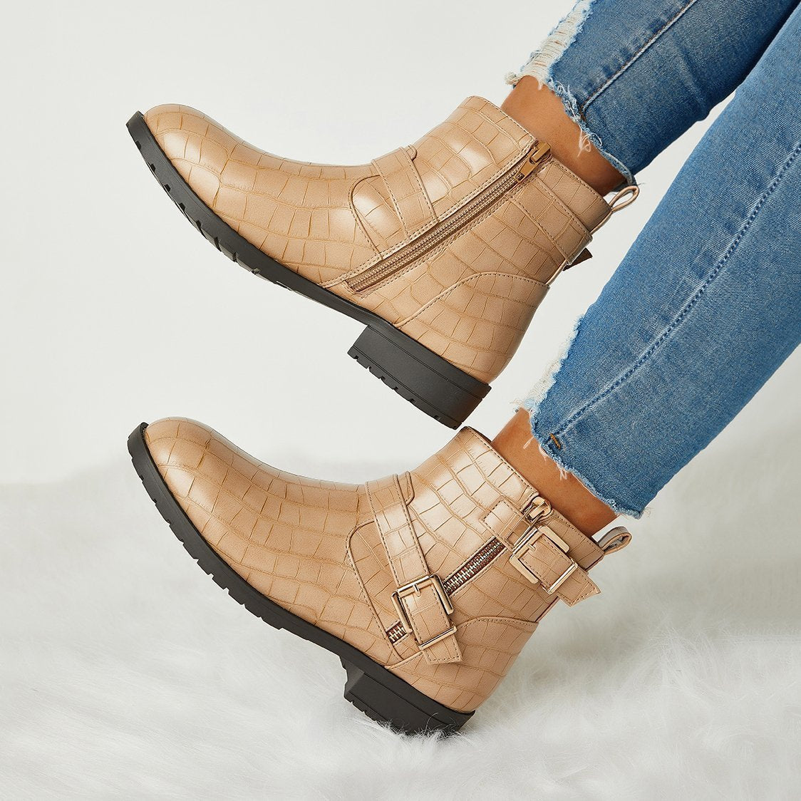 Trendy Bright Leather Zipper Buckle Ankle Boots Oshnow