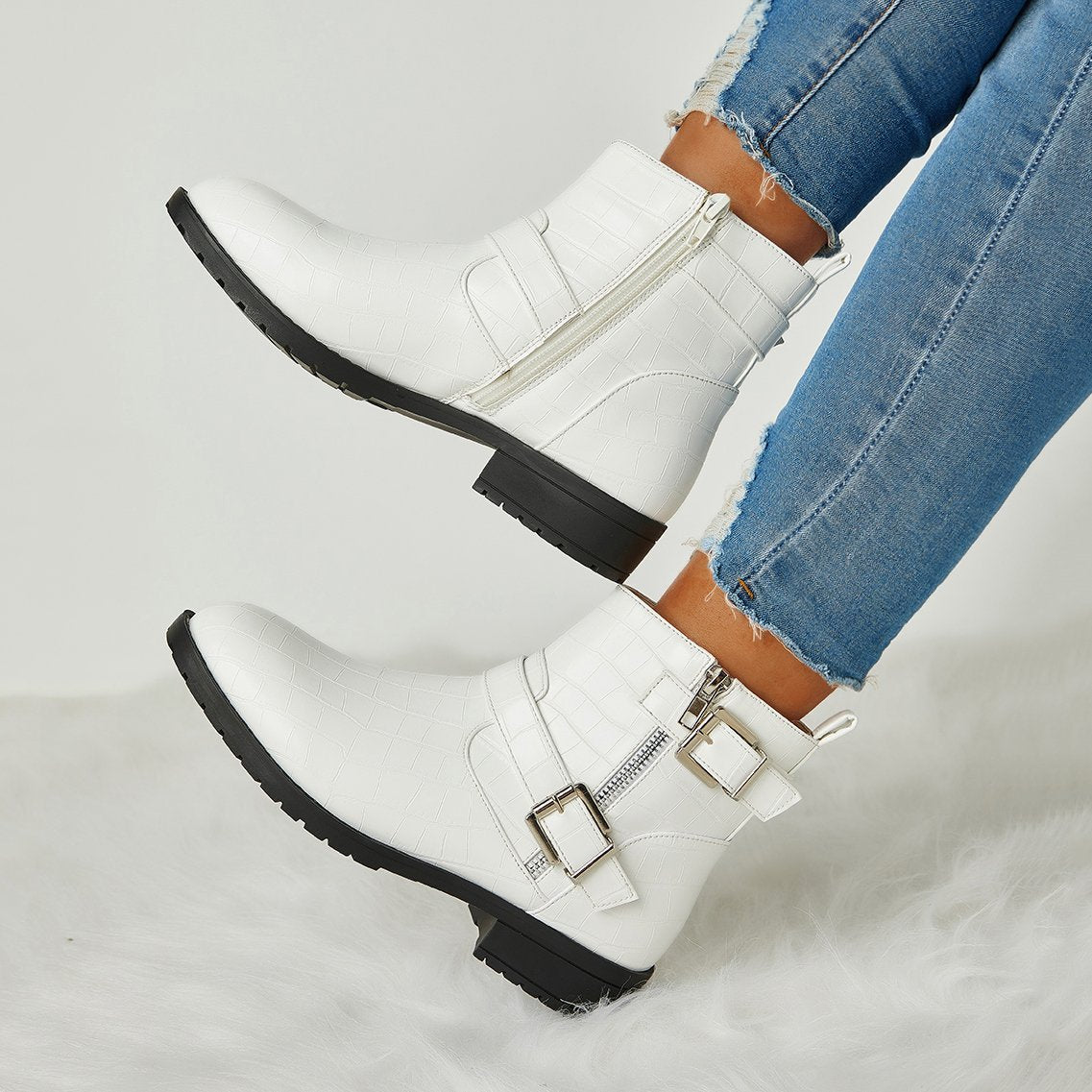 Trendy Bright Leather Zipper Buckle Ankle Boots Oshnow