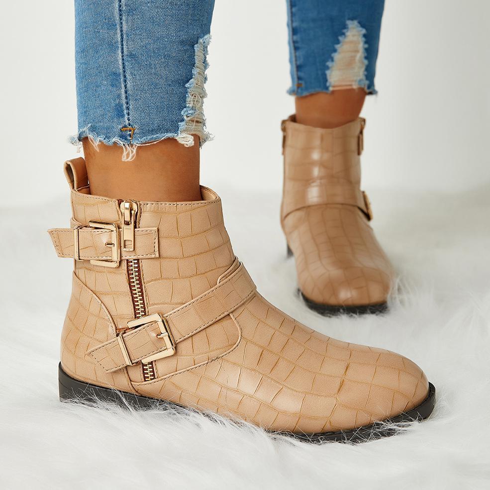 Trendy Bright Leather Zipper Buckle Ankle Boots Oshnow