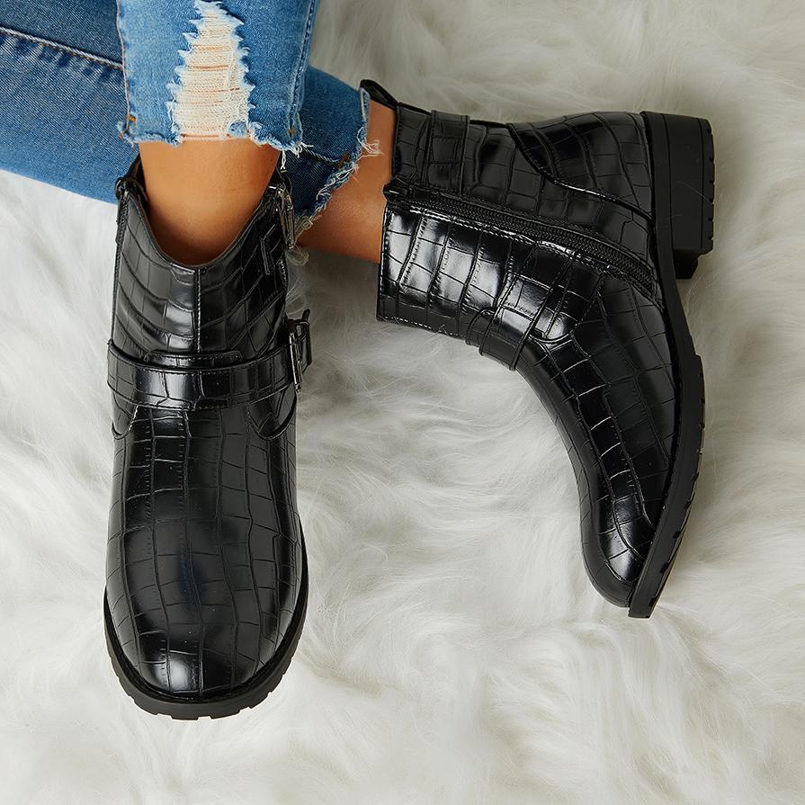 Trendy Bright Leather Zipper Buckle Ankle Boots Oshnow