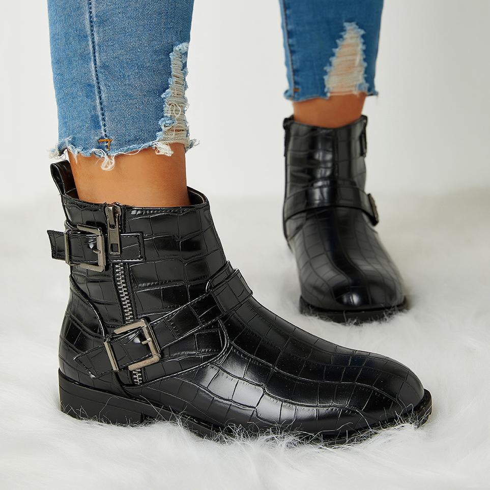 Trendy Bright Leather Zipper Buckle Ankle Boots Oshnow