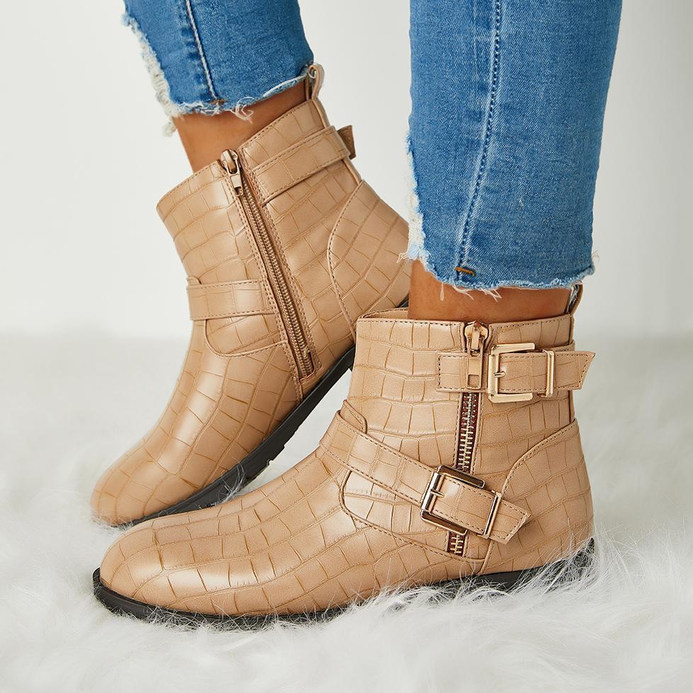 Trendy Bright Leather Zipper Buckle Ankle Boots Oshnow