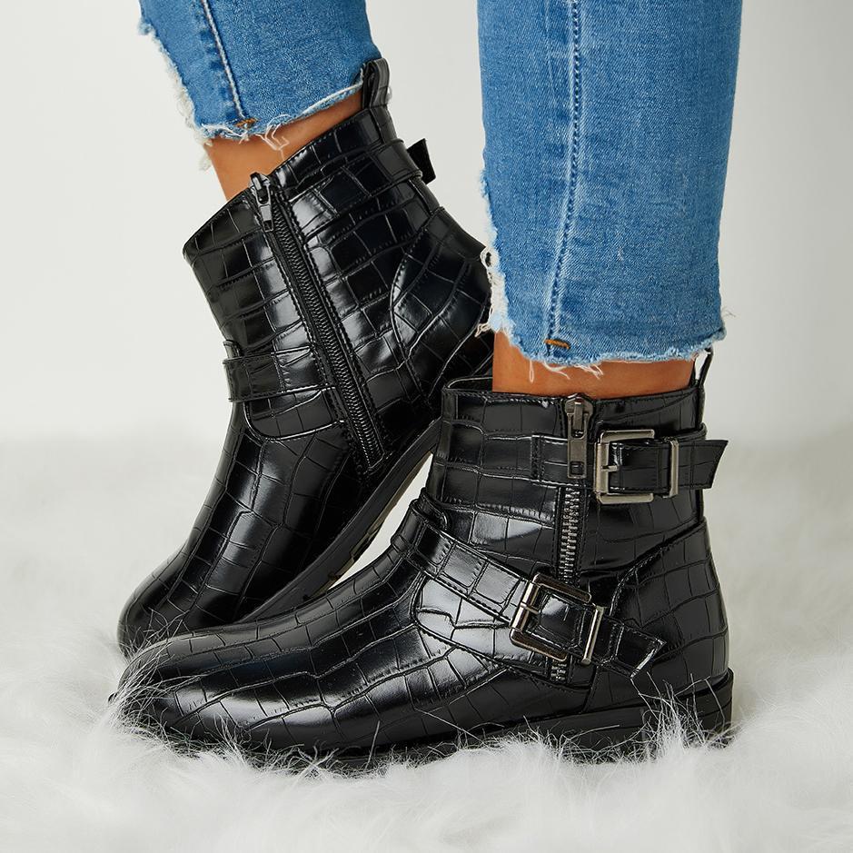 Trendy Bright Leather Zipper Buckle Ankle Boots Oshnow