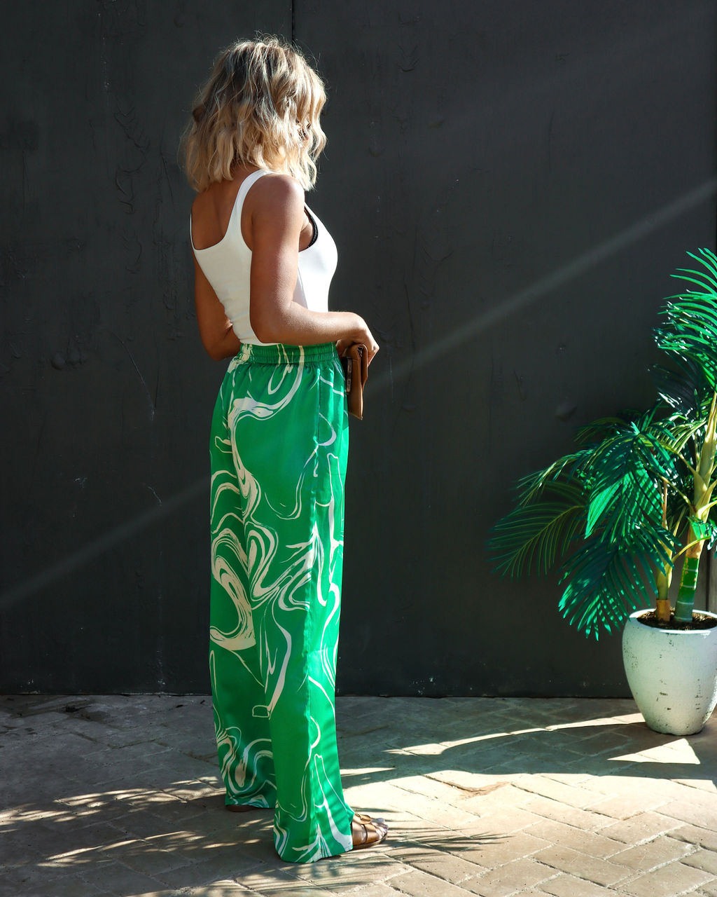 Tropical Paradise Satin Printed Pocketed Pants - Green Oshnow