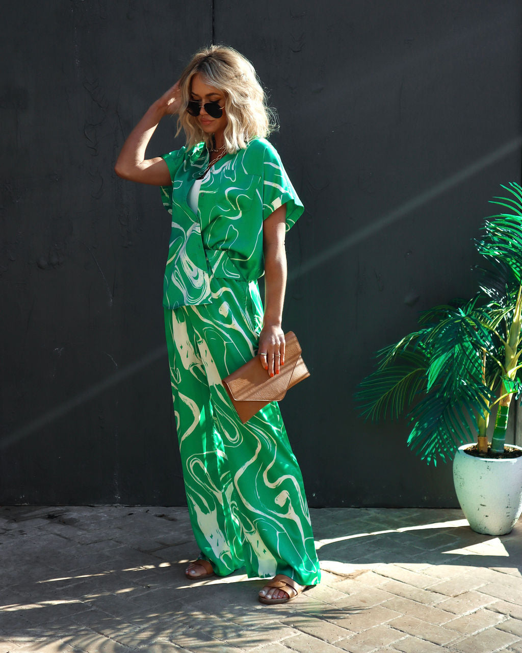 Tropical Paradise Satin Printed Pocketed Pants - Green Oshnow