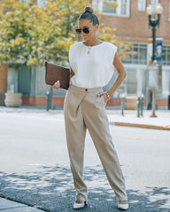 Uncommon Times Pocketed Asymmetrical Button Pants - Latte Oshnow