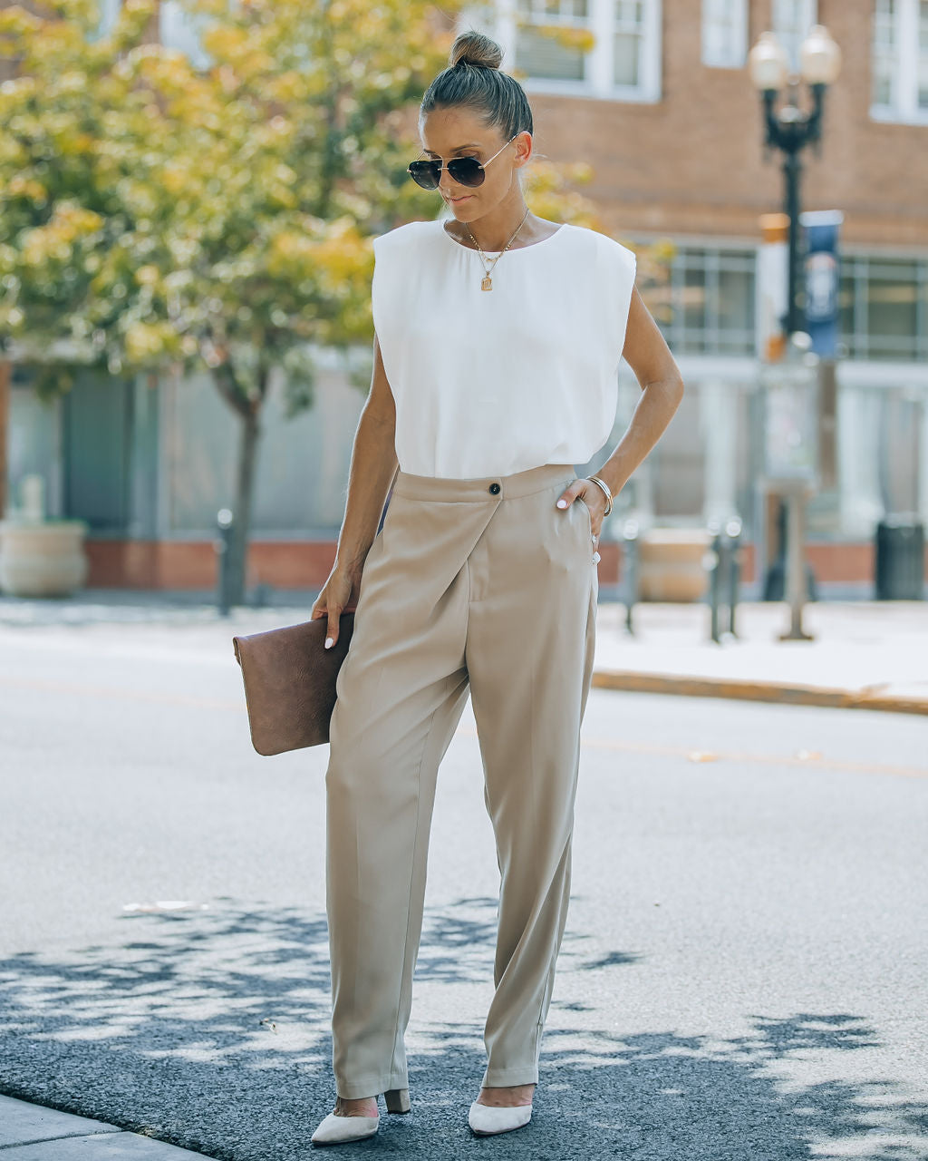 Uncommon Times Pocketed Asymmetrical Button Pants - Latte Oshnow