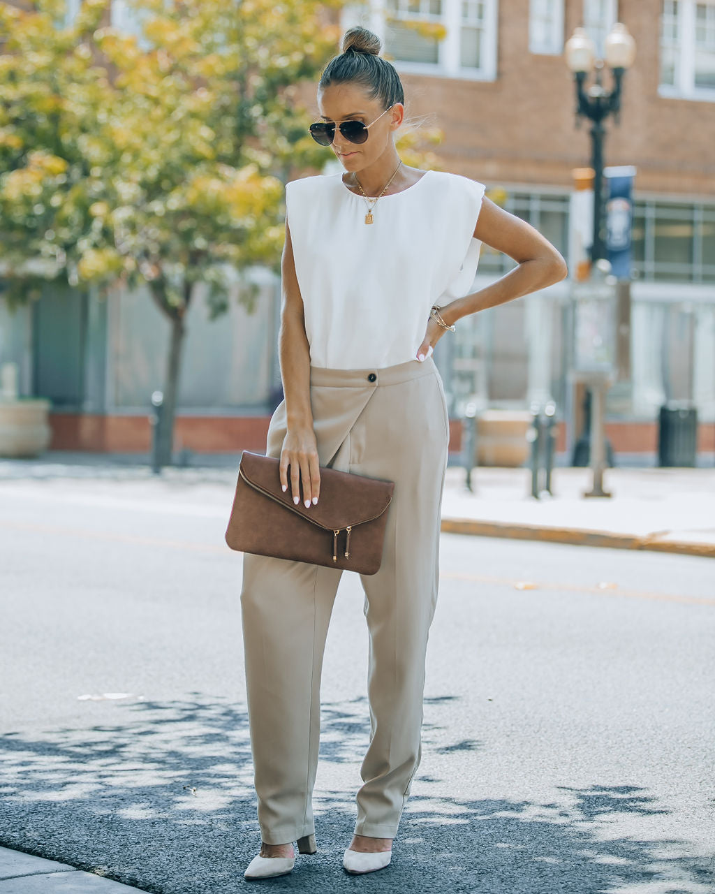 Uncommon Times Pocketed Asymmetrical Button Pants - Latte Oshnow