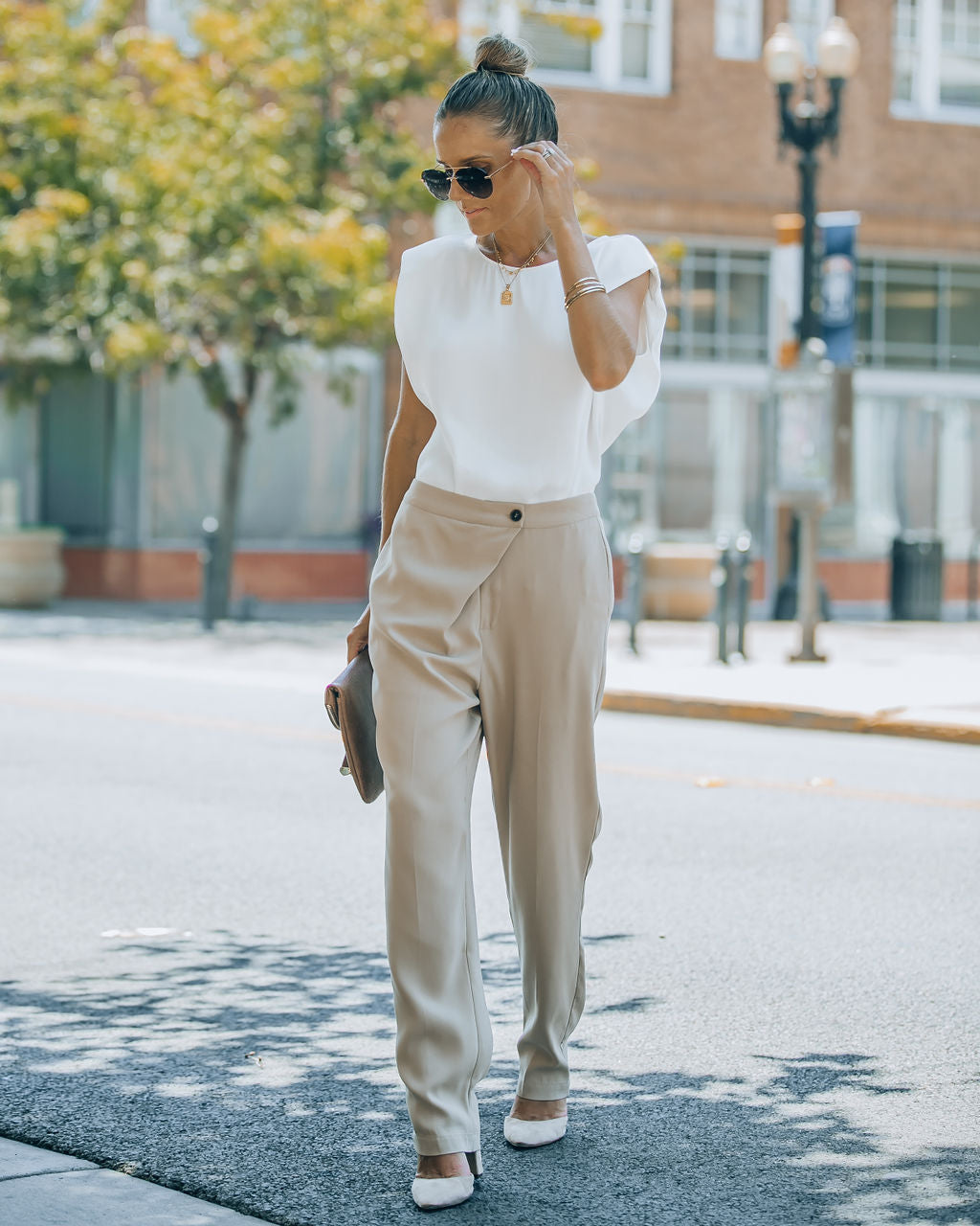 Uncommon Times Pocketed Asymmetrical Button Pants - Latte Oshnow