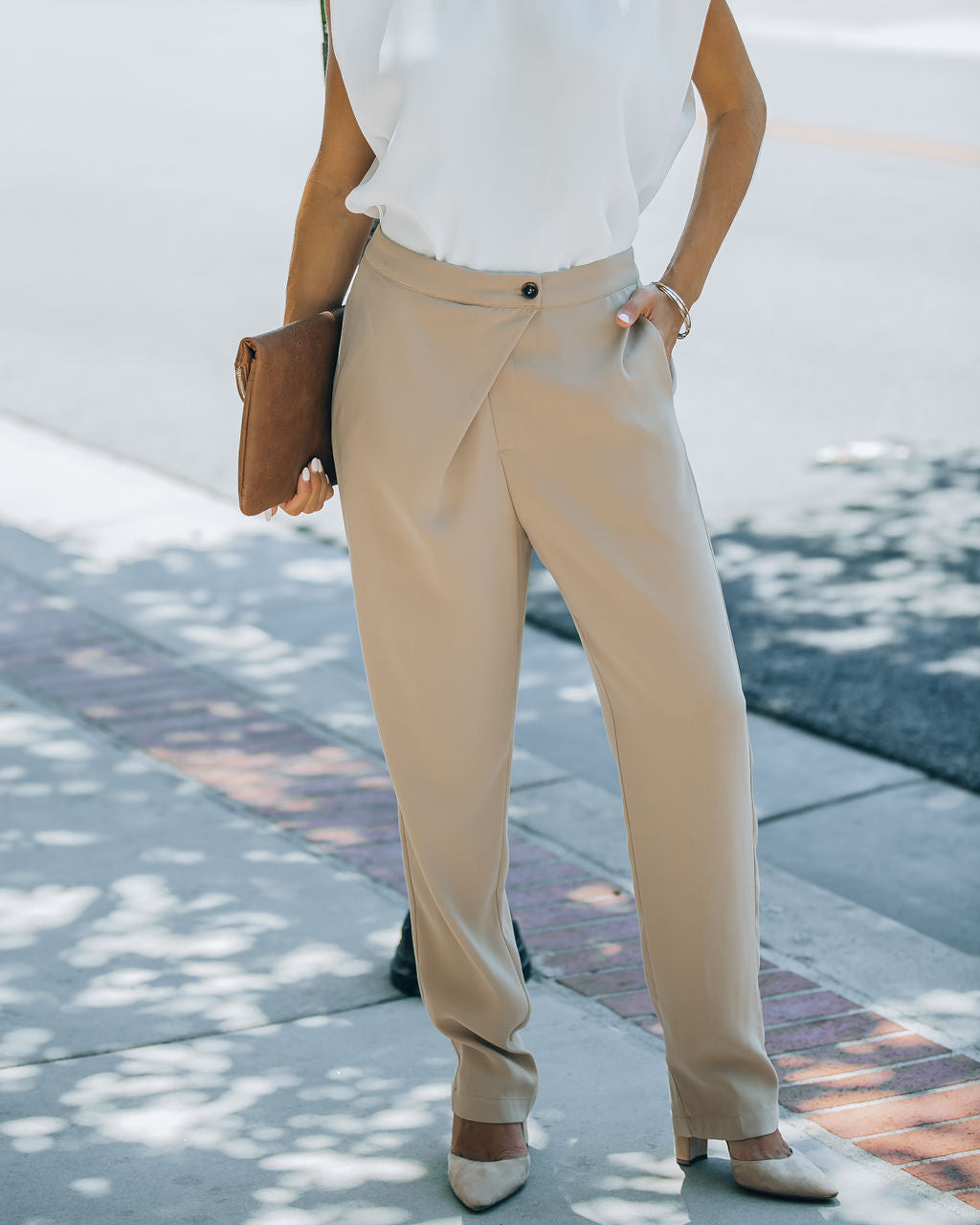 Uncommon Times Pocketed Asymmetrical Button Pants - Latte Oshnow