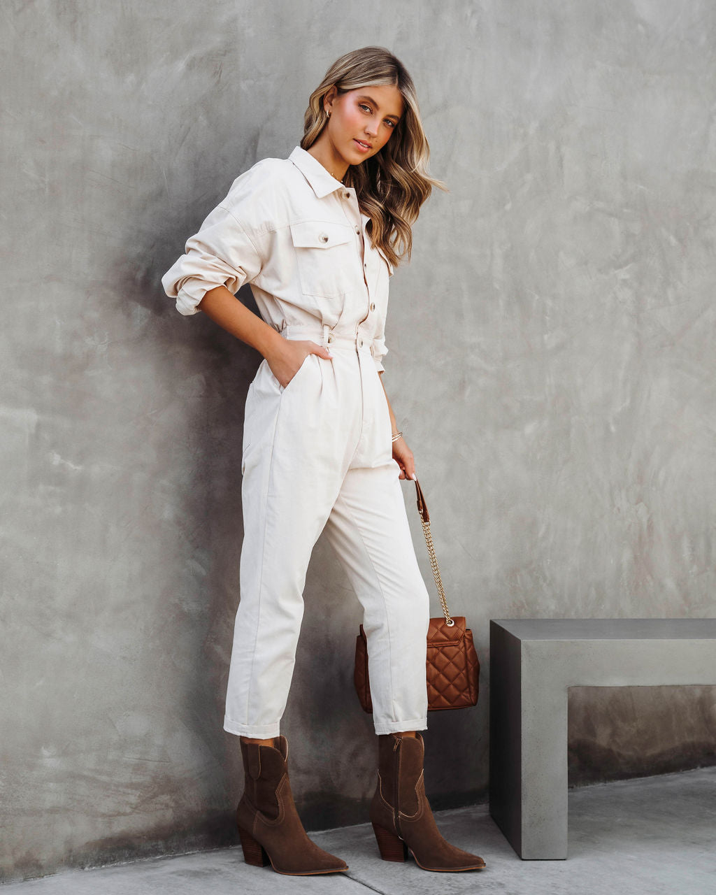 Understated Utility Cotton Pocketed Jumpsuit - Ecru Oshnow