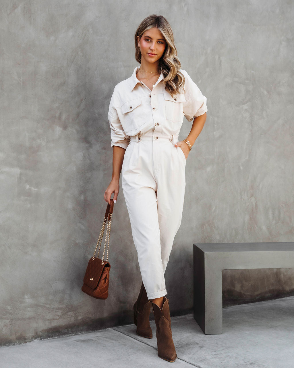 Understated Utility Cotton Pocketed Jumpsuit - Ecru Oshnow