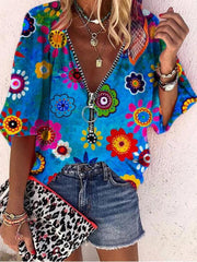 V-Neck Printed Zipper Five-Quarter Sleeves Blouses Oshnow