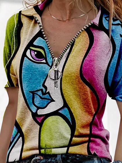 V-Neck Printed Zipper Short Sleeve T-Shirt Oshnow