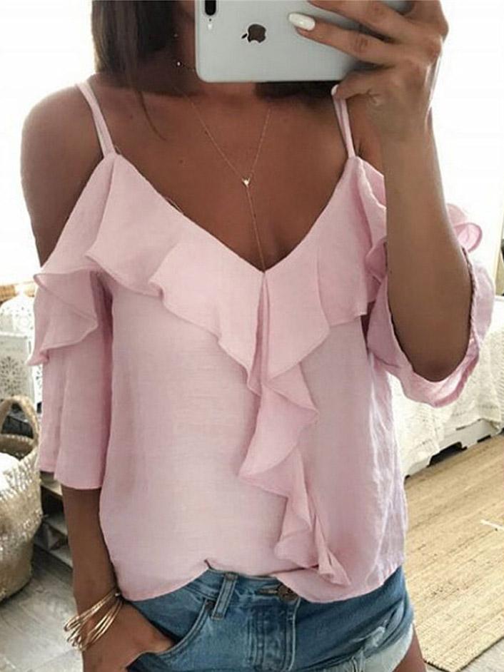 V-Neck Ruffled Off The Shoulder Casual T-Shirt Oshnow