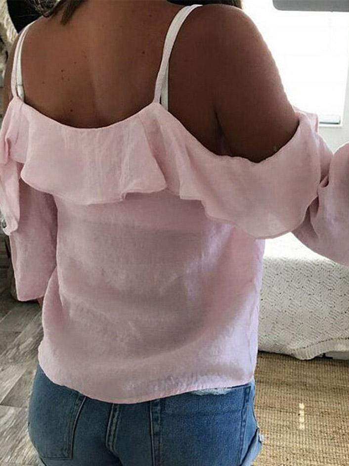 V-Neck Ruffled Off The Shoulder Casual T-Shirt Oshnow