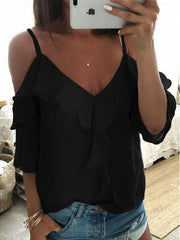 V-Neck Ruffled Off The Shoulder Casual T-Shirt Oshnow