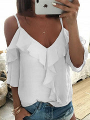 V-Neck Ruffled Off The Shoulder Casual T-Shirt Oshnow