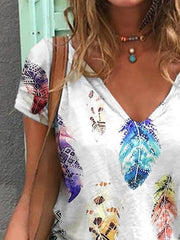 V-Neck Short Sleeve Feather Print Casual T-Shirt Oshnow