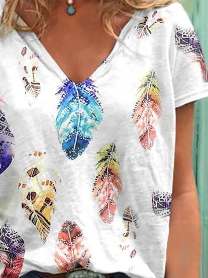 V-Neck Short Sleeve Feather Print Casual T-Shirt Oshnow