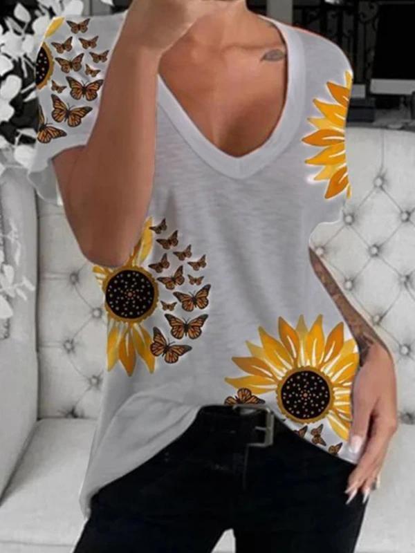 V-Neck Sunflower Print Short Sleeve T-Shirt Oshnow