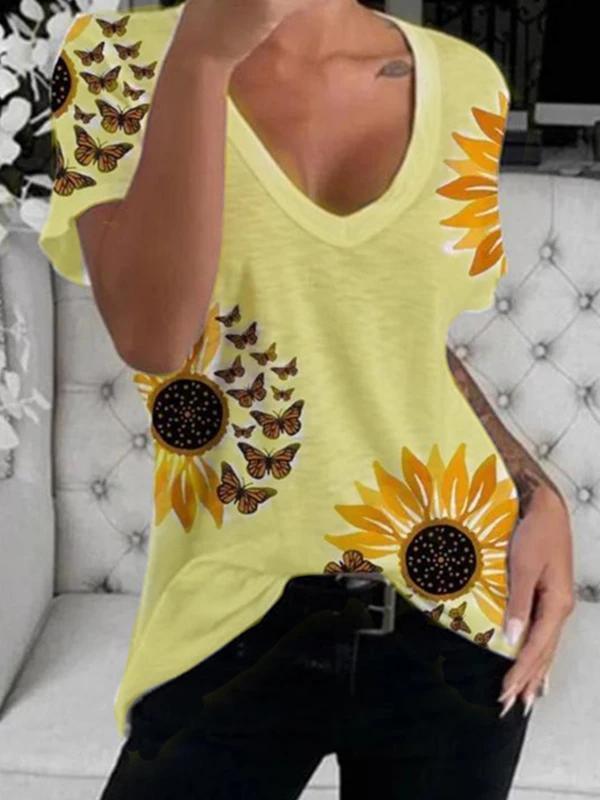 V-Neck Sunflower Print Short Sleeve T-Shirt Oshnow