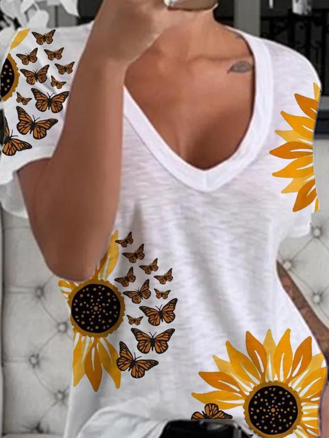 V-Neck Sunflower Print Short Sleeve T-Shirt Oshnow