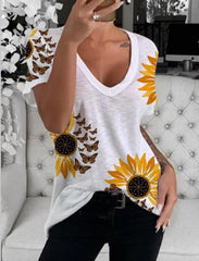 V-Neck Sunflower Print Short Sleeve T-Shirt Oshnow