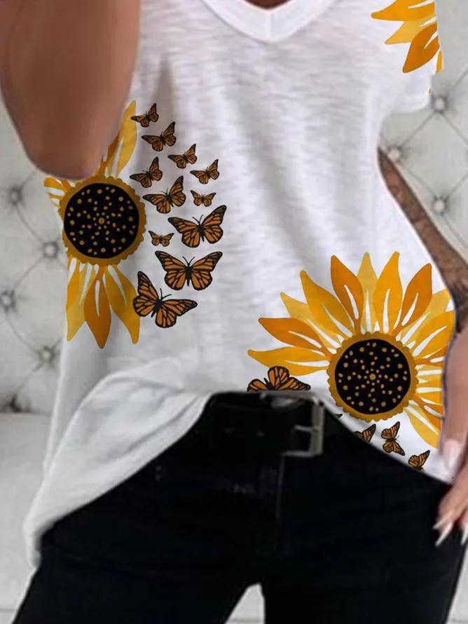 V-Neck Sunflower Print Short Sleeve T-Shirt Oshnow