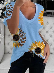 V-Neck Sunflower Print Short Sleeve T-Shirt Oshnow