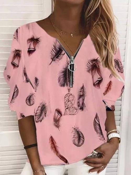 V-Neck Zipper Feather Print Long Sleeves Blouses Oshnow