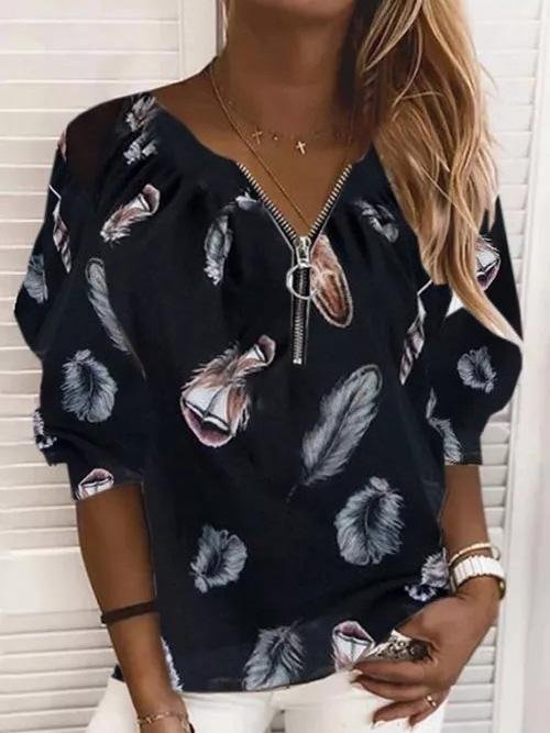 V-Neck Zipper Feather Print Long Sleeves Blouses Oshnow