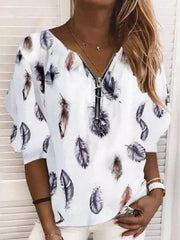 V-Neck Zipper Feather Print Long Sleeves Blouses Oshnow