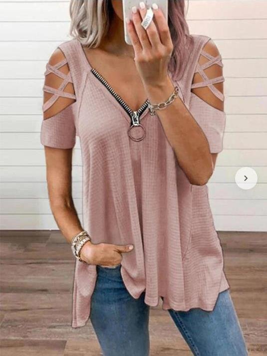 V-Neck Zipper Short Sleeve Solid T-Shirt Oshnow