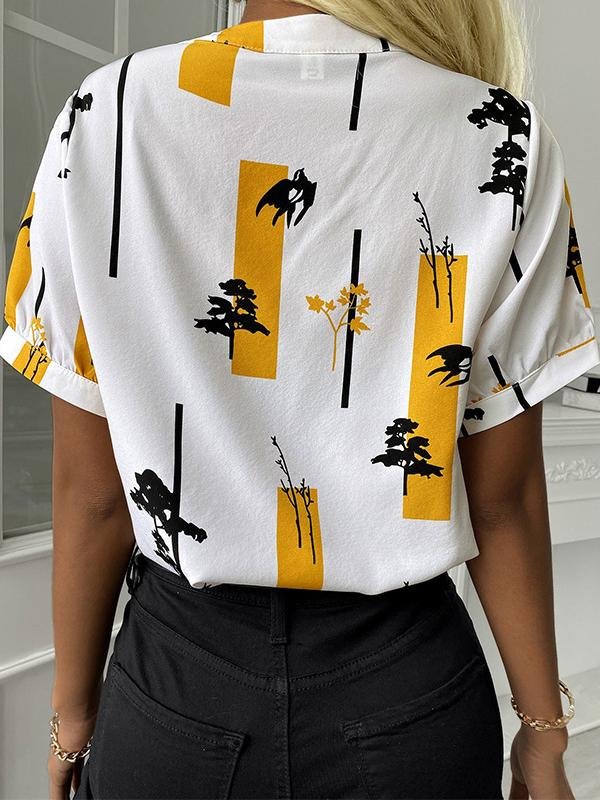 V-neck Short Sleeve Printed Casual Blouses Oshnow