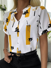 V-neck Short Sleeve Printed Casual Blouses Oshnow